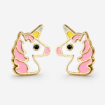 Pair of gold unicorn stud earrings with glossy white enamel faces, pink manes, pastel horn details and black eyes, shown facing each other on a clean white background.