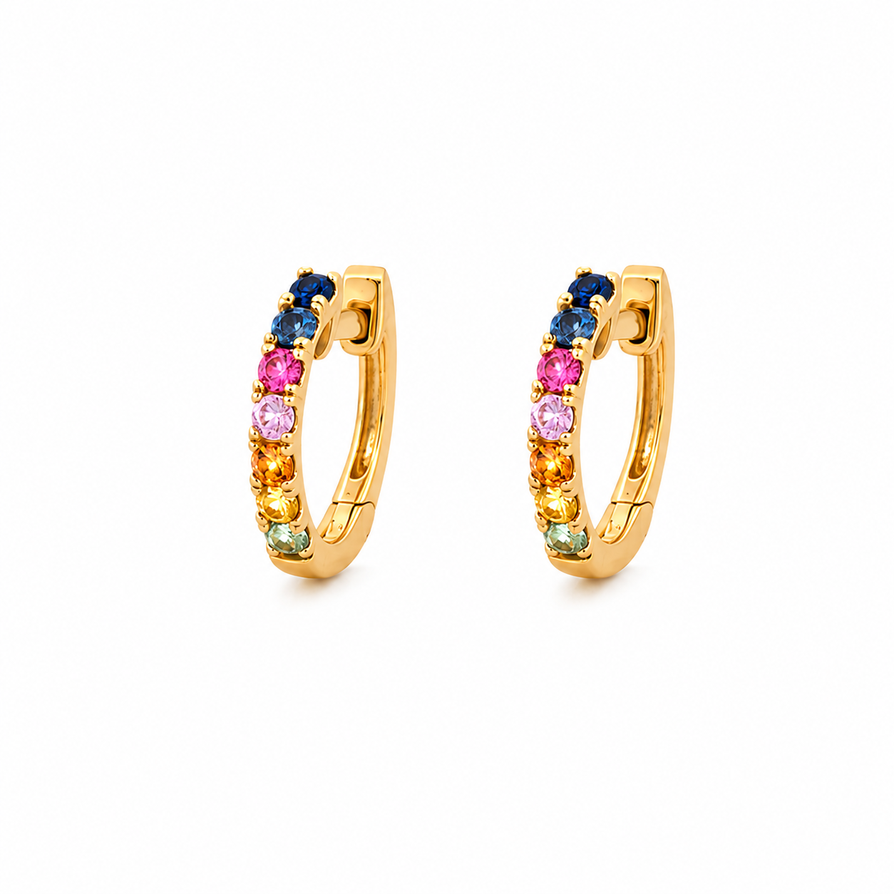 londonfacets-rainbow-hoop-earrings-final 9ct Gold Rainbow Sapphire Hoop Earrings - Image 1