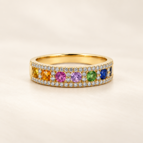 9ct gold multi-coloured sapphire and diamond ring, front view