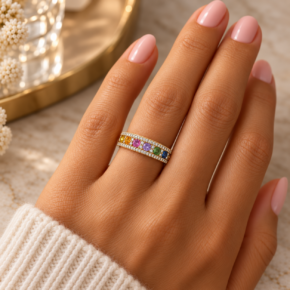 9ct gold multi-coloured sapphire and diamond ring worn on hand