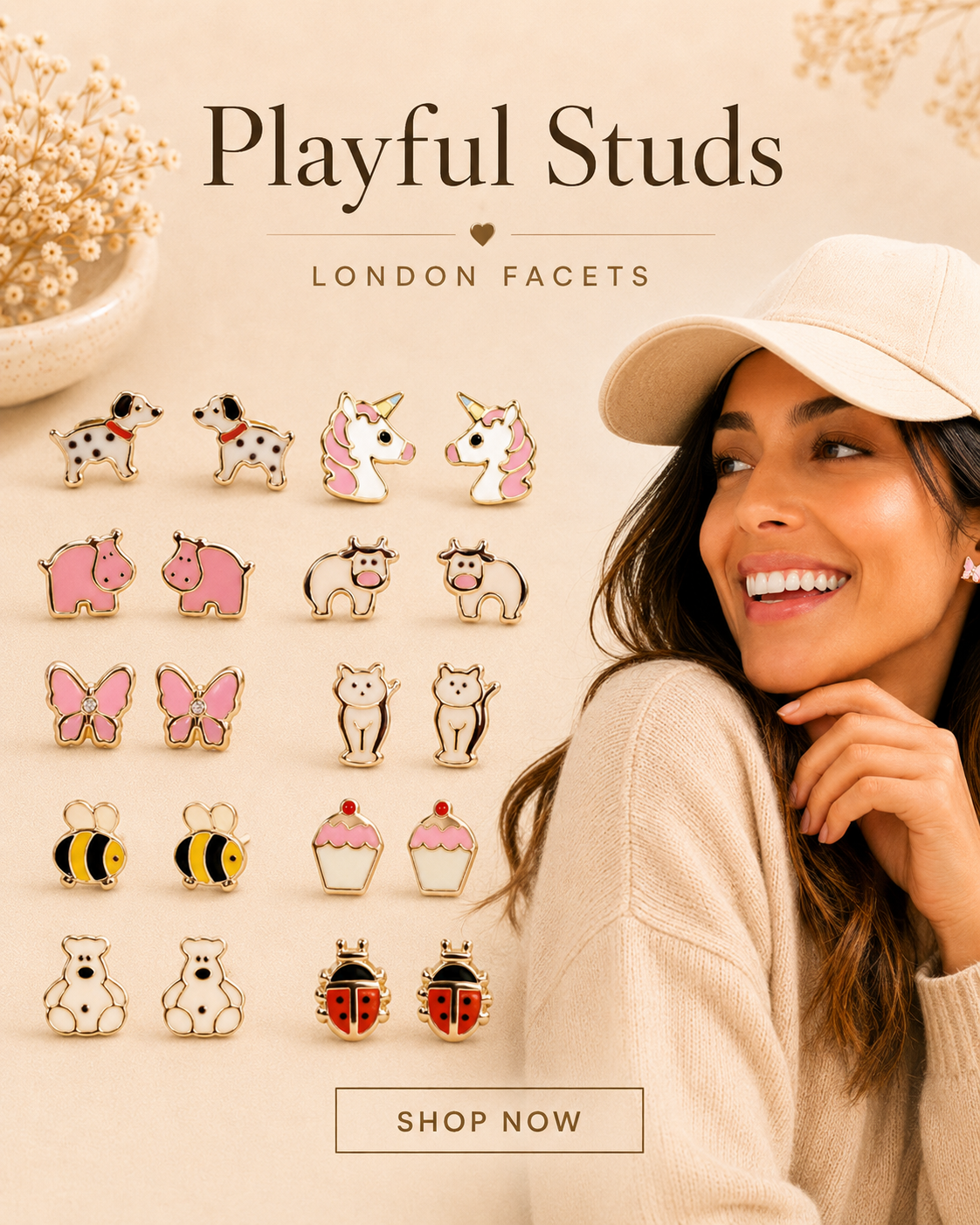 Playful animal stud earrings from London Facets worn by model Khush