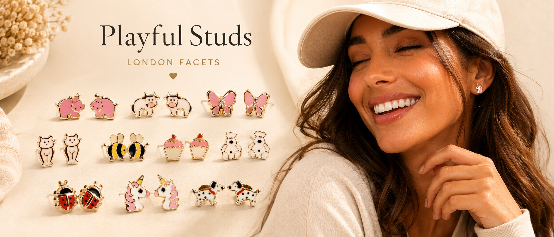 Playful animal stud earrings from London Facets worn by model Khush
