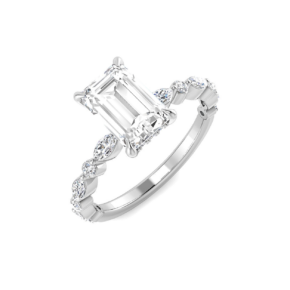 Angled view of 9ct white gold radiant cut lab grown diamond ring with diamond set shoulders