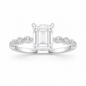 9ct white gold radiant cut lab grown diamond ring with marquise and round diamond shoulders