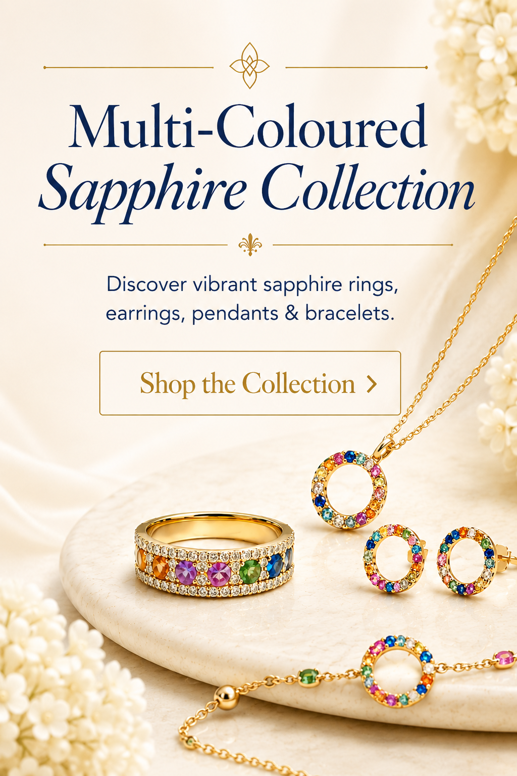 Multi-coloured sapphire jewellery collection including rings, earrings, pendants and bracelets