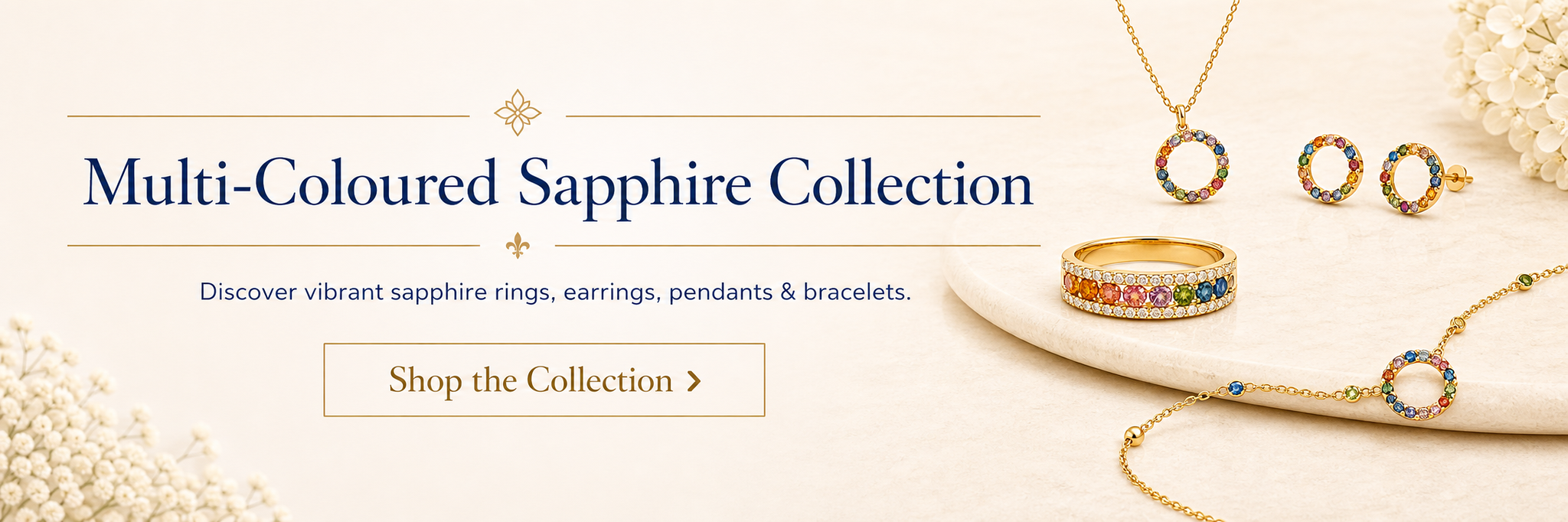 Multi-coloured sapphire jewellery collection including rings, earrings, pendants and bracelets