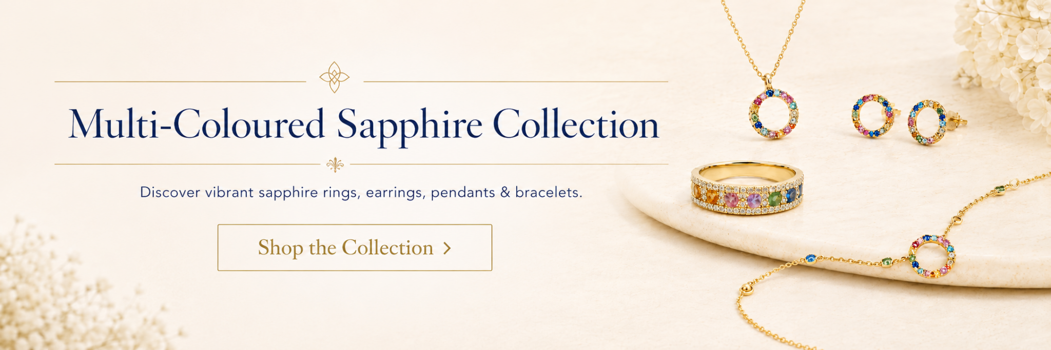 Multi-coloured sapphire jewellery collection including rings, earrings, pendants and bracelets