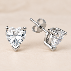 Sterling silver 8mm heart CZ stud earrings, showing the front, open basket, post and butterfly back.