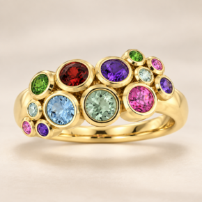 9ct yellow gold multi-coloured gemstone cluster ring, front view