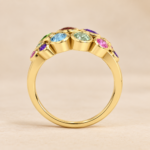 9ct yellow gold multi-coloured gemstone cluster ring, profile view