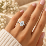 9ct white gold 1.59ct oval lab-grown diamond engagement ring worn on hand