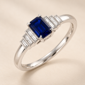 9ct white gold blue sapphire and diamond ring, angled view