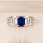 9ct white gold blue sapphire and baguette diamond ring, front view
