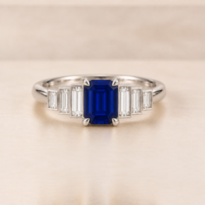 9ct white gold blue sapphire and baguette diamond ring, front view