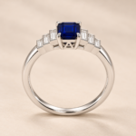 9ct white gold blue sapphire and baguette diamond ring, profile view