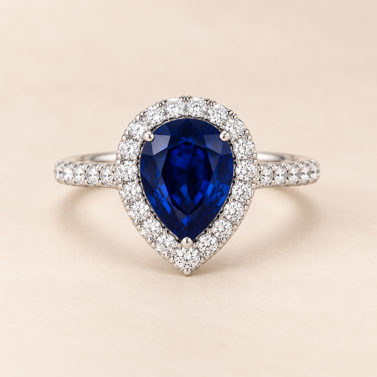 london-facets-9ct-white-gold-lab-grown-blue-sapphire-diamond-halo-ring-front 9ct White Gold 2.67ct Lab-Grown Blue Sapphire & Diamond Halo Ring - Image 1