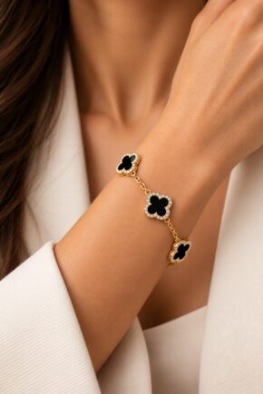 London Facets Black Onyx Clover Bracelet worn on wrist