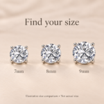 Find your size: 7mm, 8mm and 9mm round CZ four-claw sterling silver stud earrings in increasing size; illustrative comparison, not actual size.