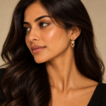Khush wearing a gold-plated teddy bear drop stud earring with clear CZ detailing and a red heart-shaped feature stone.