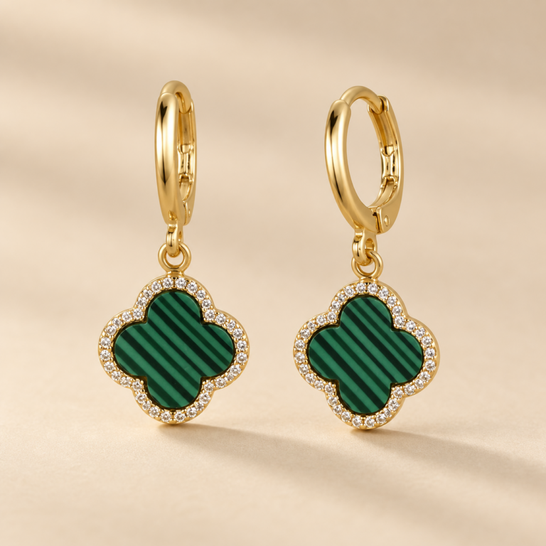 Gold-plated green clover hoop earrings