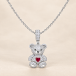 Sterling silver CZ teddy bear necklace on a matching adjustable 2mm rolo chain.