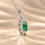 9ct white gold lab-grown emerald and diamond cluster pendant, side profile