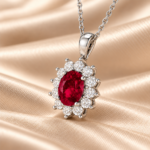 Angled view of a 9ct white gold lab-grown ruby and diamond halo necklace