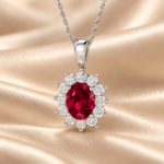 Front view of a 9ct white gold lab-grown ruby and diamond halo necklace