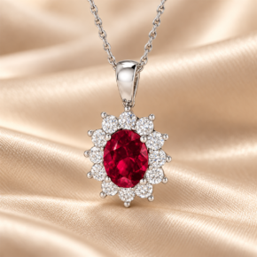 Front view of a 9ct white gold lab-grown ruby and diamond halo necklace