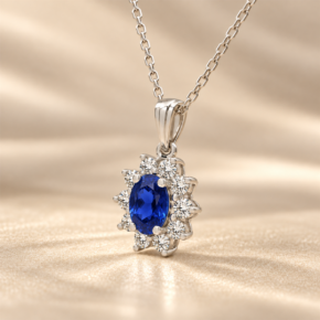 Angled view of 9ct white gold lab-grown sapphire and diamond cluster pendant