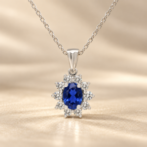 Front view of 9ct white gold lab-grown sapphire and diamond cluster pendant