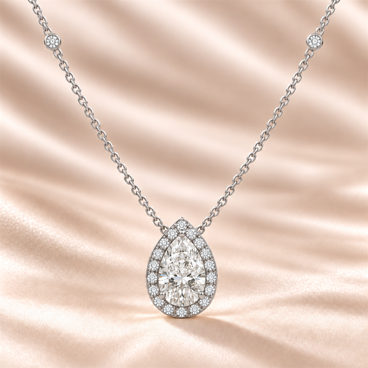 9ct-white-gold-pear-lab-grown-diamond-halo-necklace-front 9ct white gold pear lab-grown diamond halo necklace with diamond-set chain stations on a warm champagne background