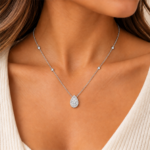 9ct white gold pear lab-grown diamond halo necklace worn on a model with diamond-set chain stations