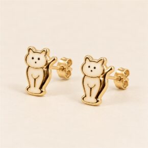 9ct yellow gold cat stud earrings showing posts and butterfly backs.