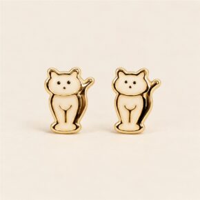 Pair of 9ct yellow gold cat stud earrings, front view.