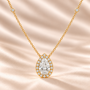9ct yellow gold pear lab-grown diamond halo necklace front view