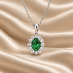 9ct White Gold Lab-Grown Emerald & Diamond Halo Necklace front view