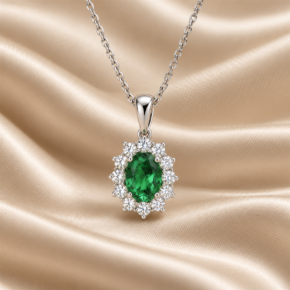 9ct White Gold Lab-Grown Emerald & Diamond Halo Necklace front view
