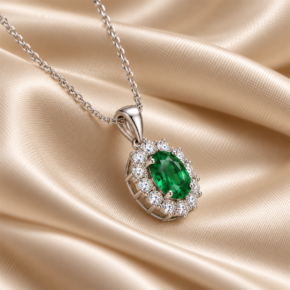 9ct White Gold Lab-Grown Emerald & Diamond Halo Necklace angled view