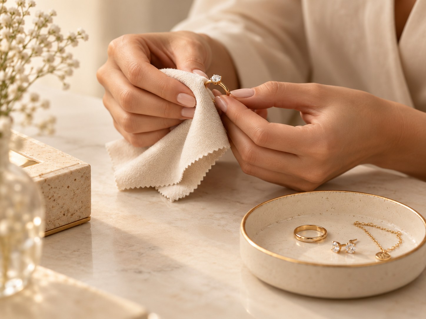 Hands gently polishing a gold diamond ring with a soft cloth