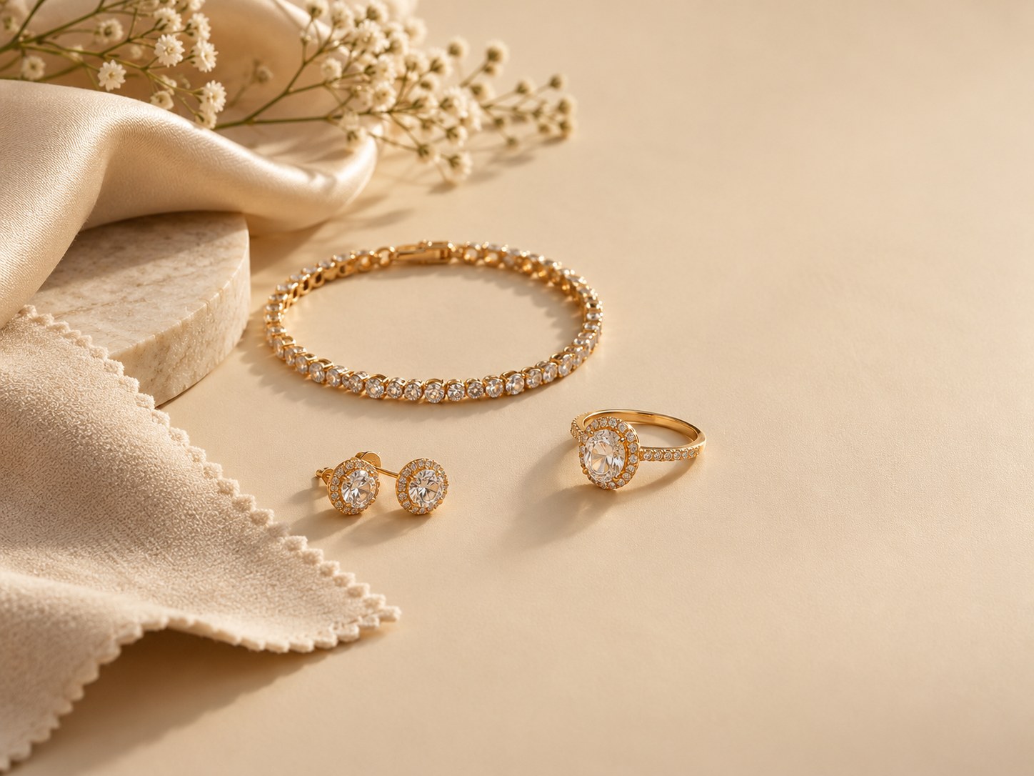Gold bracelet, ring and diamond earrings arranged on a warm neutral surface