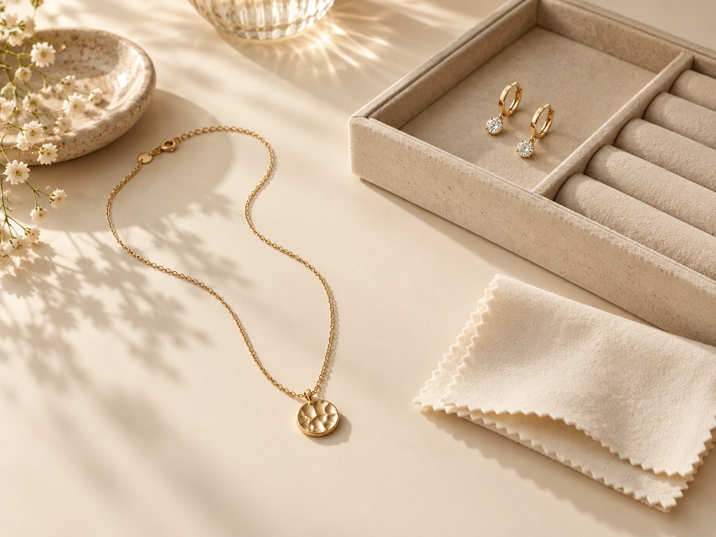 Gold necklace and earrings beside a soft-lined jewellery storage box