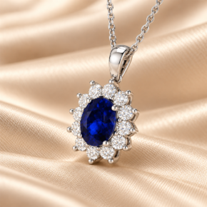 Angled view of a 9ct white gold lab-grown blue sapphire and diamond halo necklace