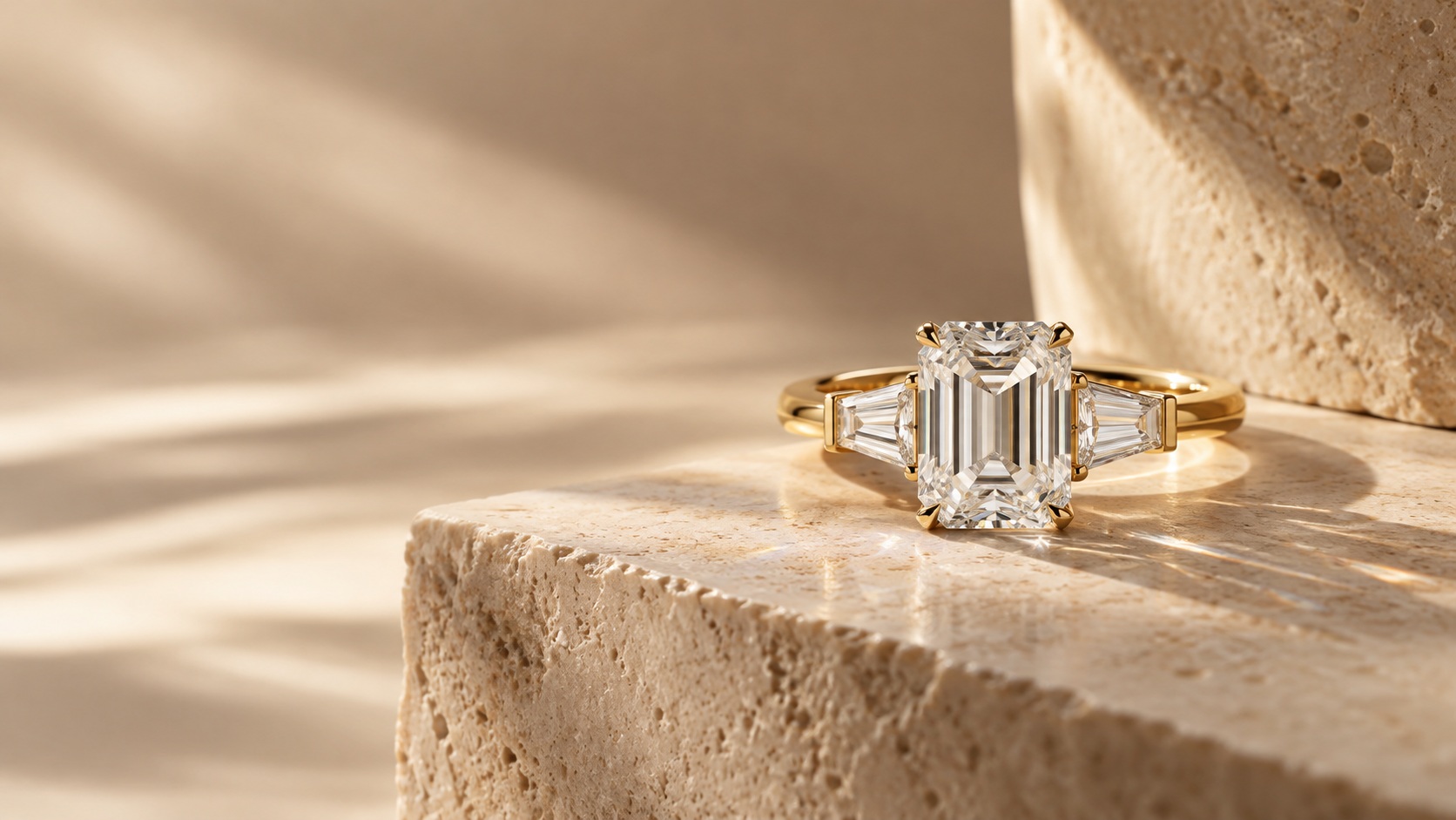 Emerald-cut lab-grown diamond ring in yellow gold on warm travertine