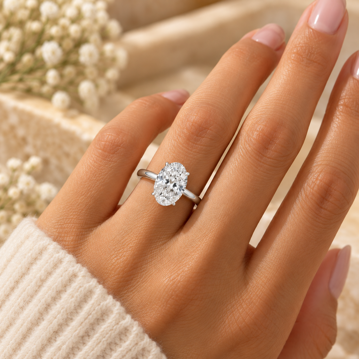 9ct white gold 2.07ct oval lab-grown diamond engagement ring worn on hand