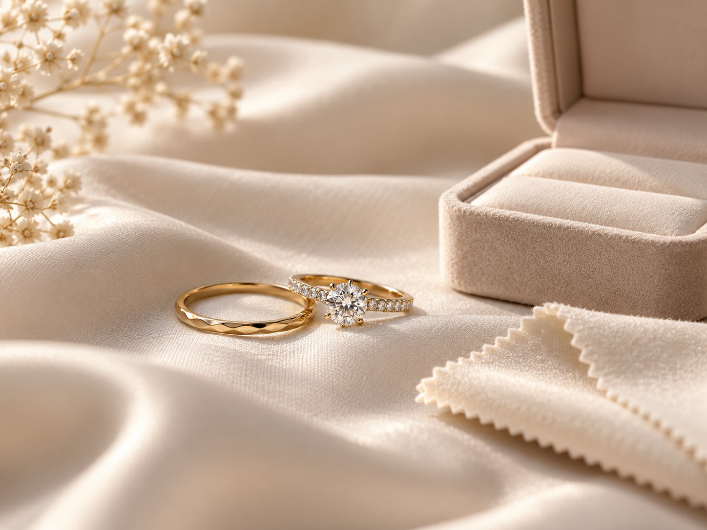 Gold and diamond rings resting on cream fabric beside an open jewellery box