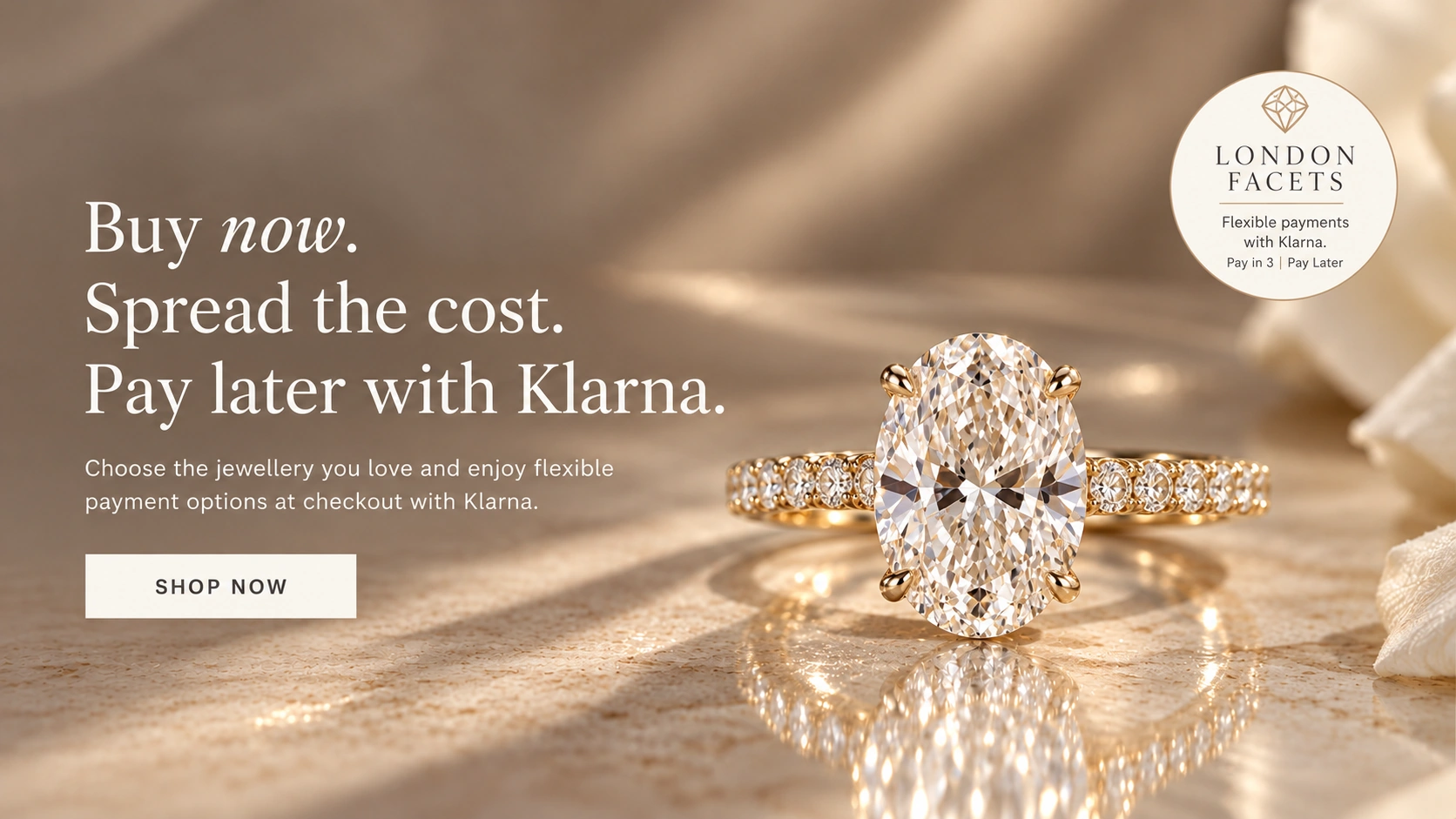 London Facets diamond ring jewellery banner promoting flexible payment options with Klarna.