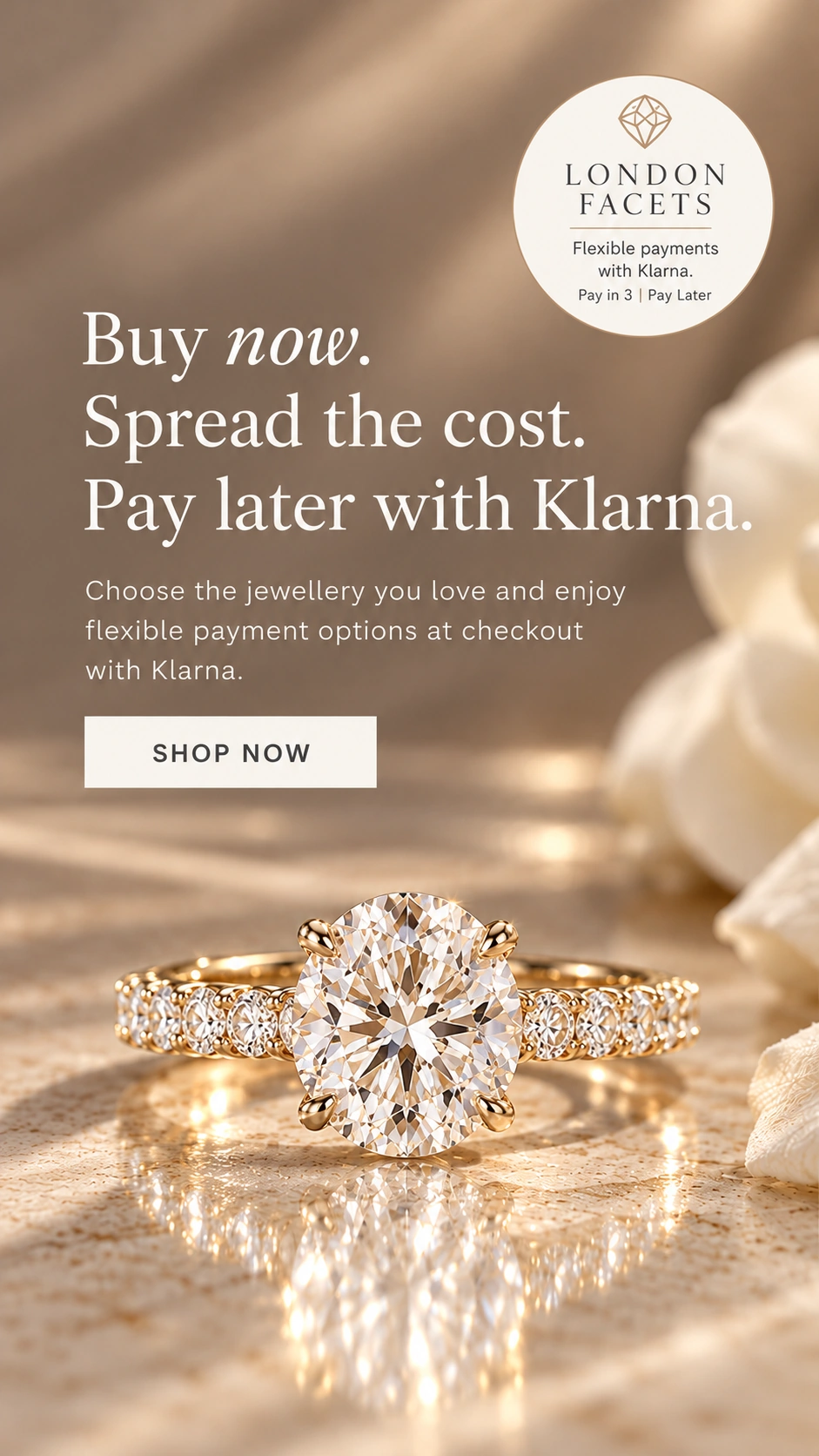 London Facets mobile jewellery banner featuring a diamond ring and Klarna flexible payment options.