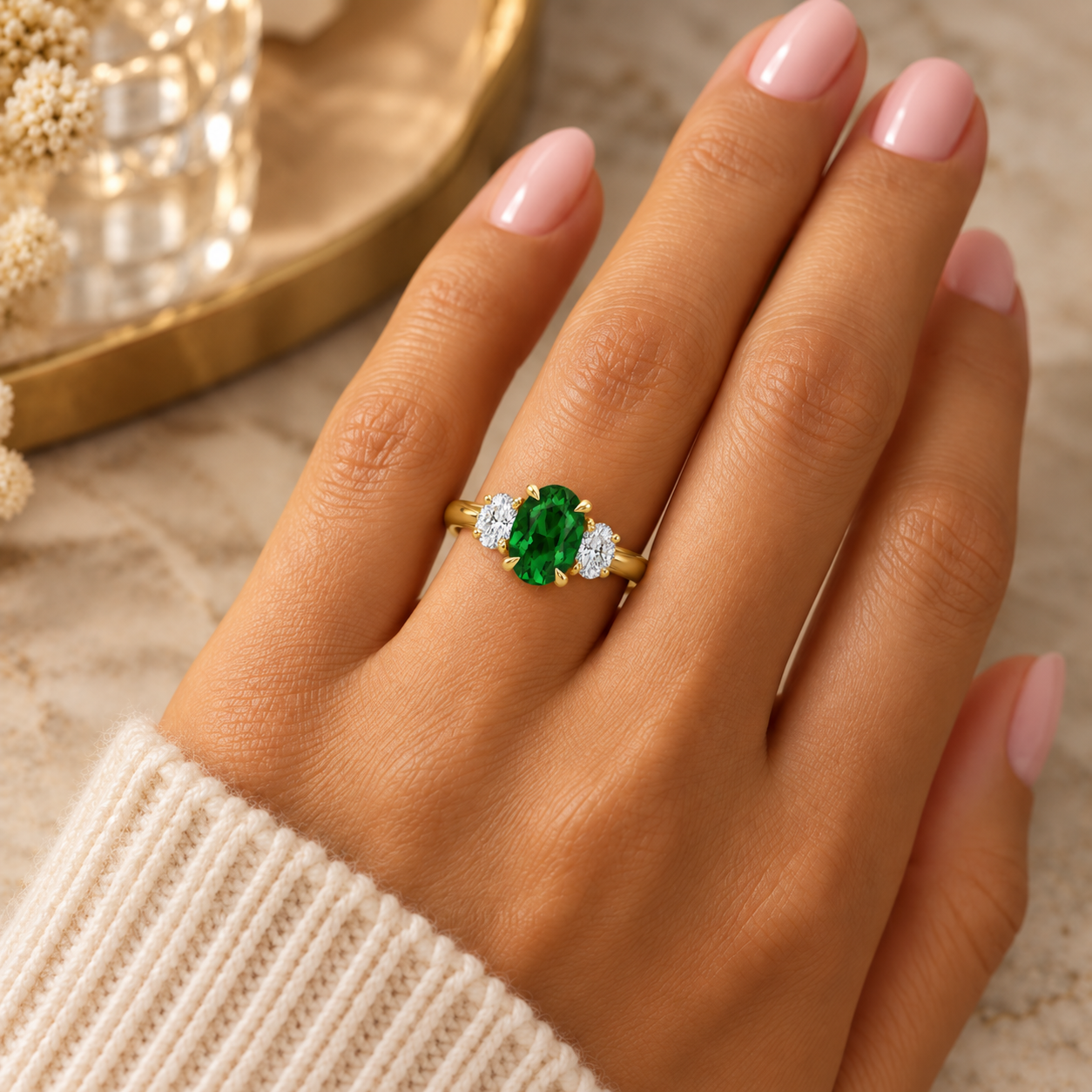 Model wearing emerald three-stone ring